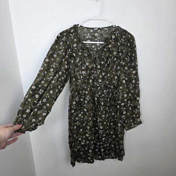 Old Navy Green White Ditzy Floral Long Sleeve Cute Boho Mini Swing Dress Size XS - Picture 4 of 10